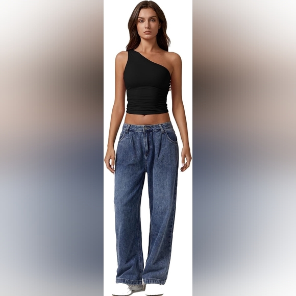 Nwt Qinsen Black One-Shoulder Slim Fit Crop Top Scrunch Sides Large - Picture 4 of 10